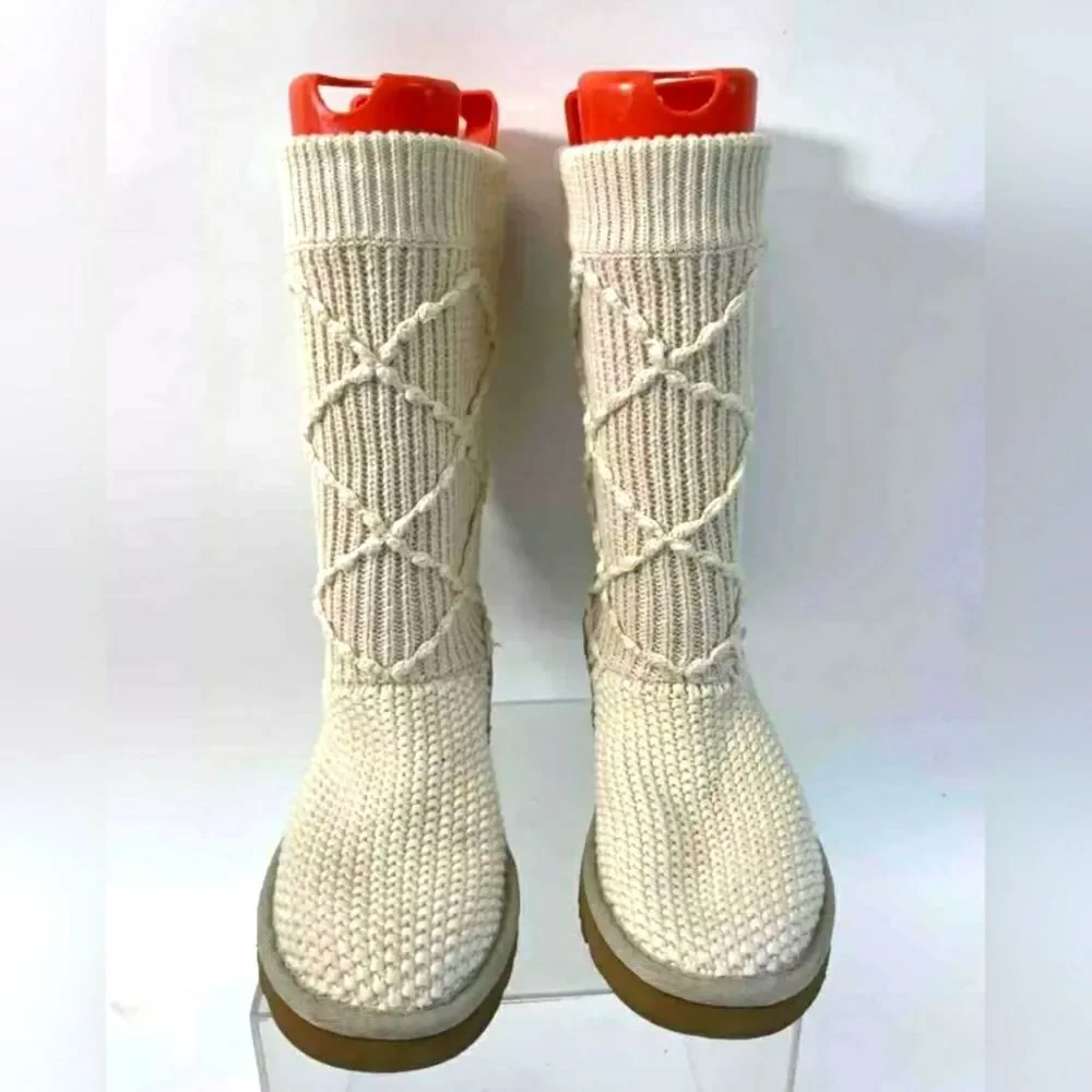 UGG Cream Classic Argyle Ivory Knit Sock Sweater Boots Sz 6